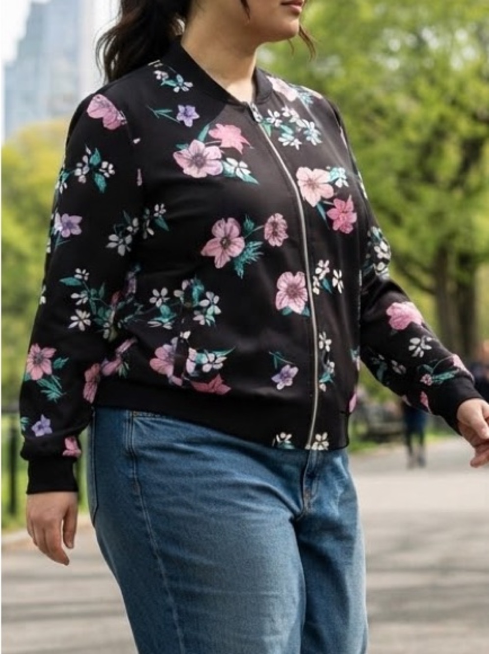 Lane Bryant Black Floral Bomber Jacket Full Zip Plus Size 14/16 Coquette Boho